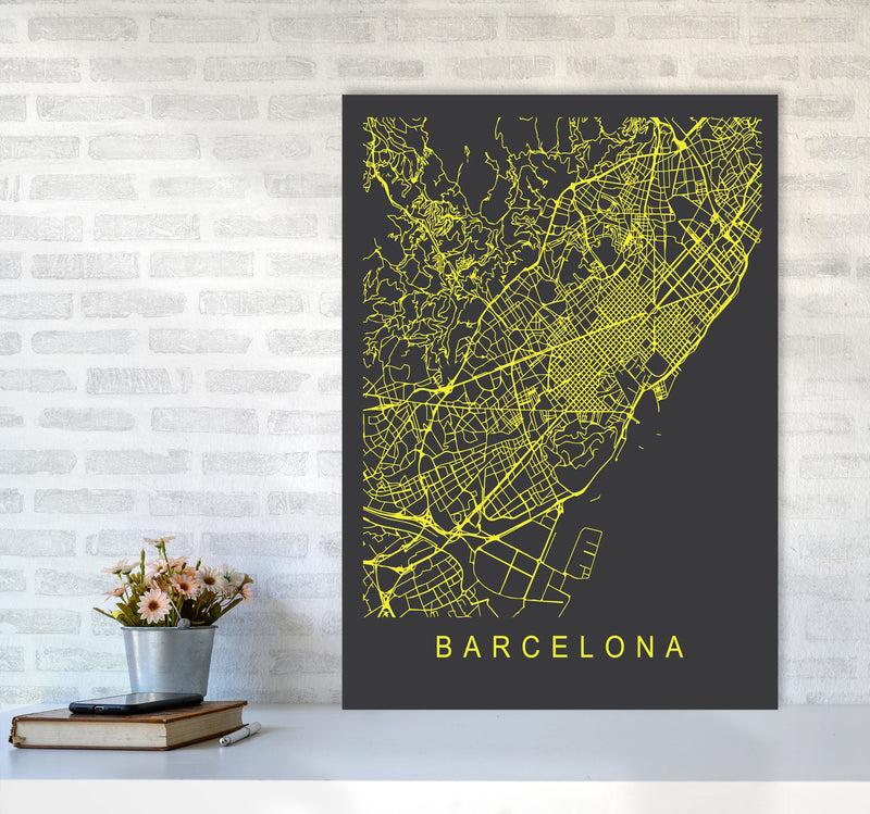 Barcelona Map Neon Art Print by Pixy Paper A1 Black Frame