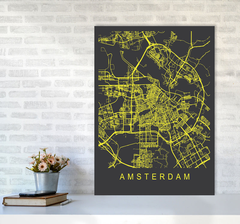 Amsterdam Map Neon Art Print by Pixy Paper A1 Black Frame