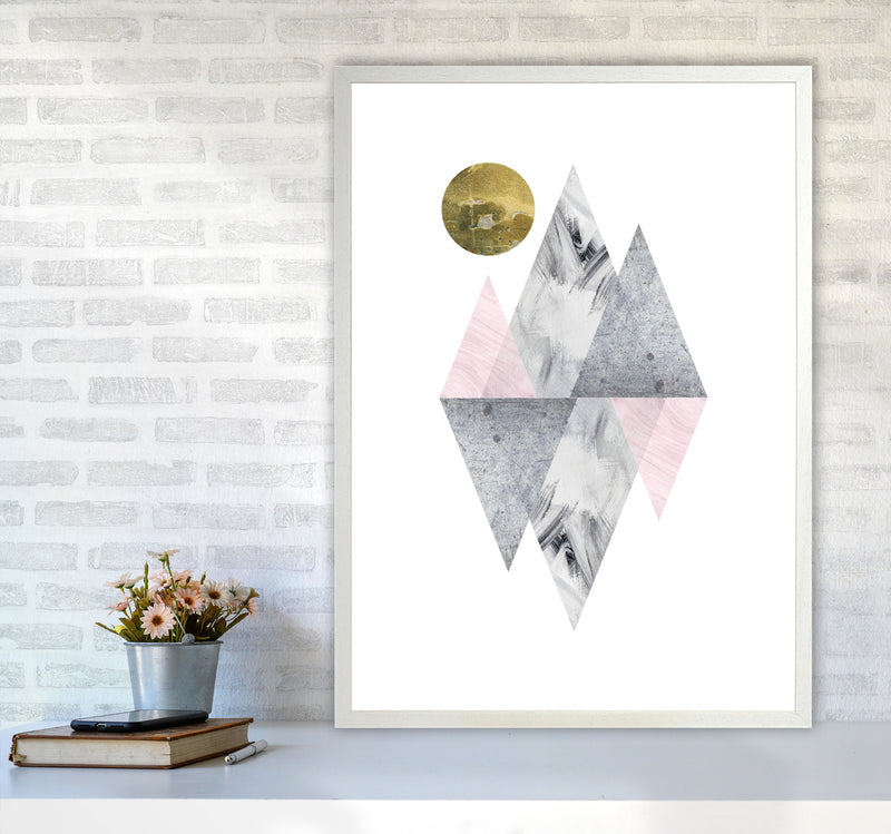 Pink And Grey Diamonds With Gold Moon Abstract Modern Print A1 Oak Frame
