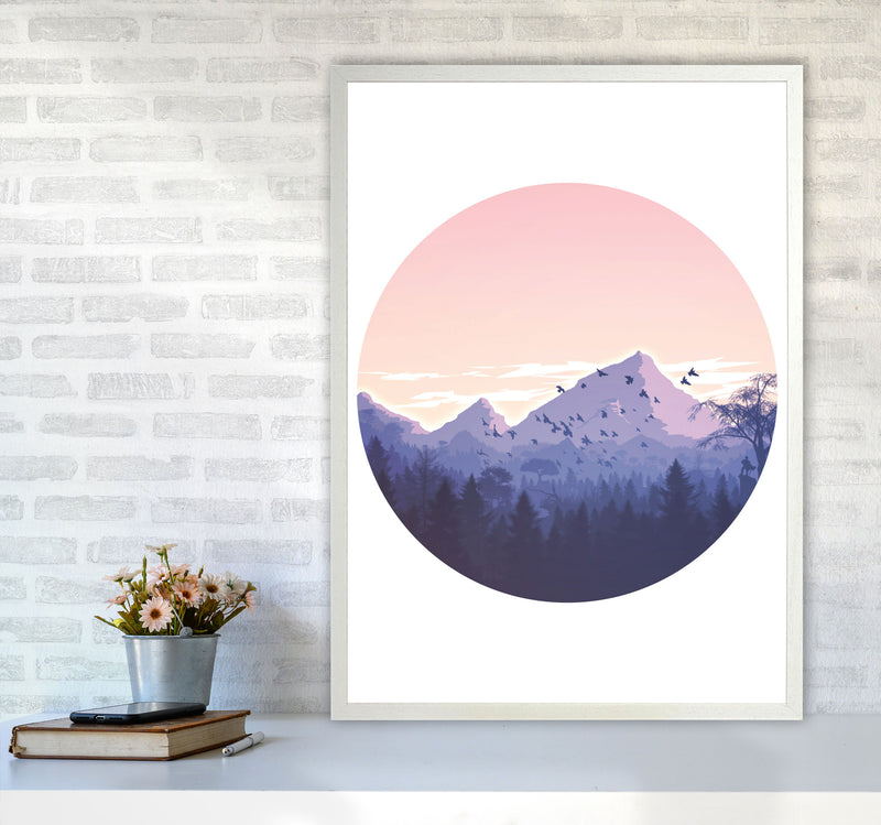 Pink Mountains Circle Abstract Modern Print A1 Oak Frame