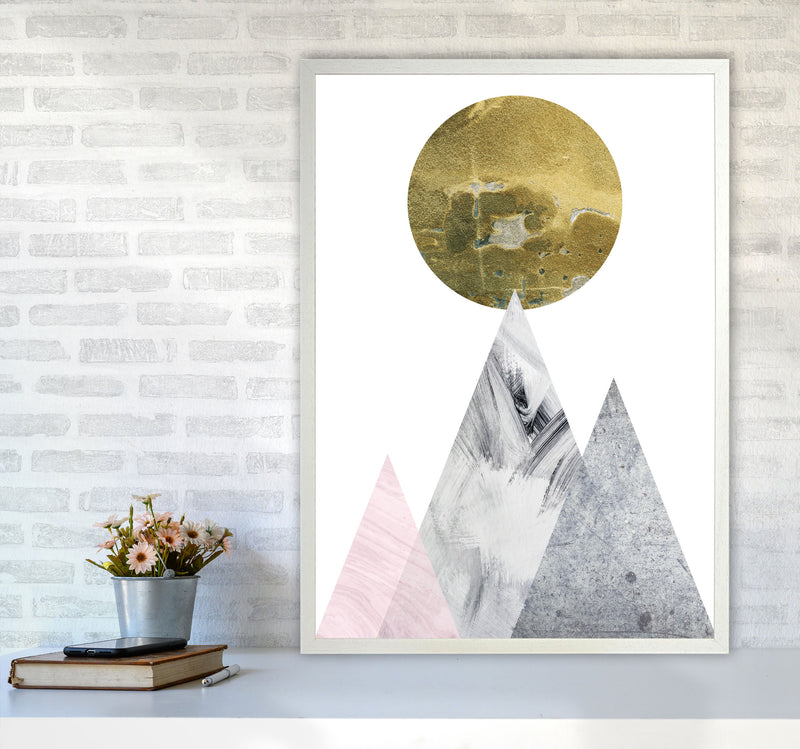 Pink And Grey Mountains Abstract Modern Print A1 Oak Frame