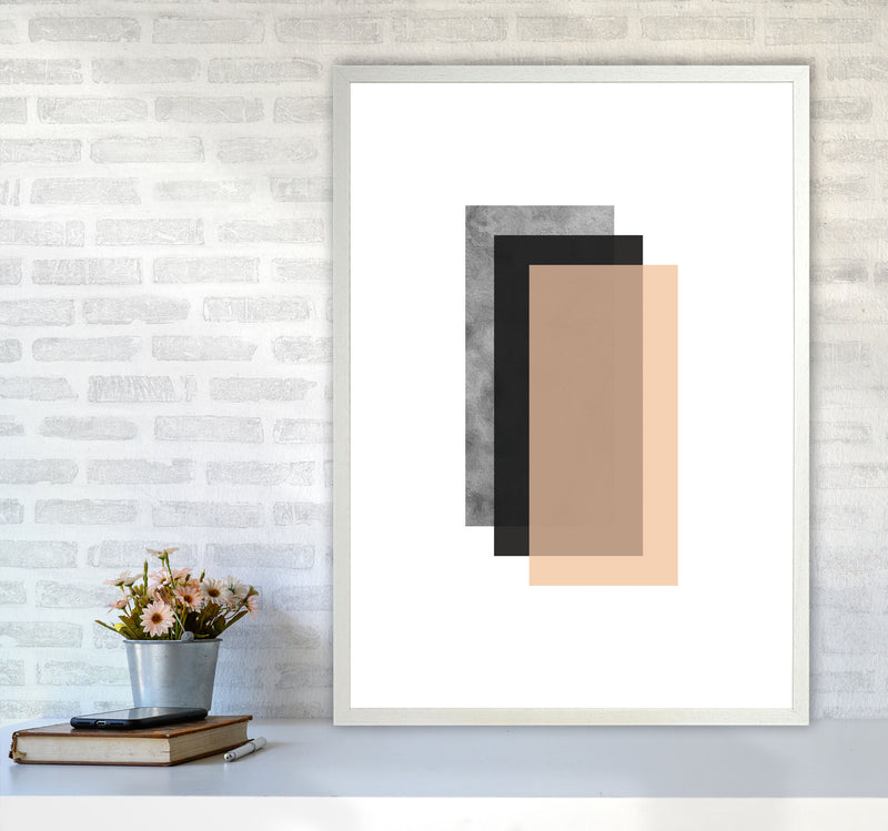 Peach And Black Abstract Rectangles Modern Print A1 Oak Frame