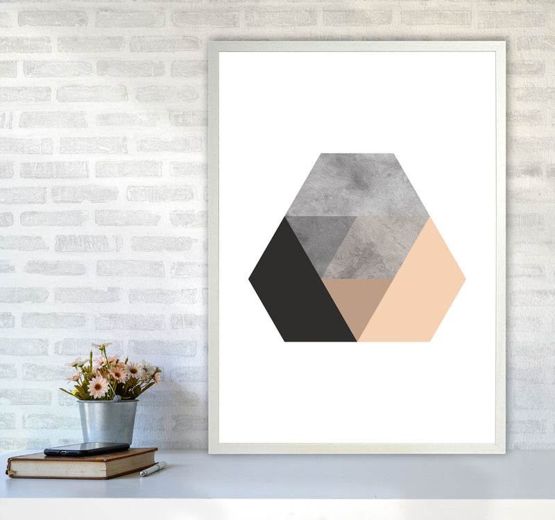 Peach And Black Abstract Hexagon Modern Print A1 Oak Frame