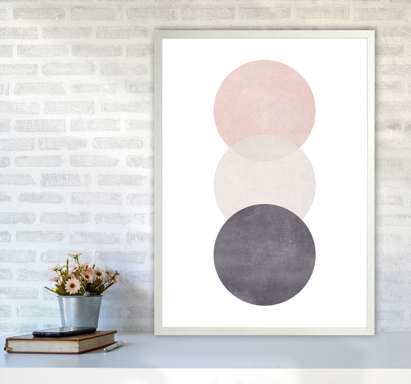 Cotton, Pink And Grey Abstract Circles Modern Print A1 Oak Frame