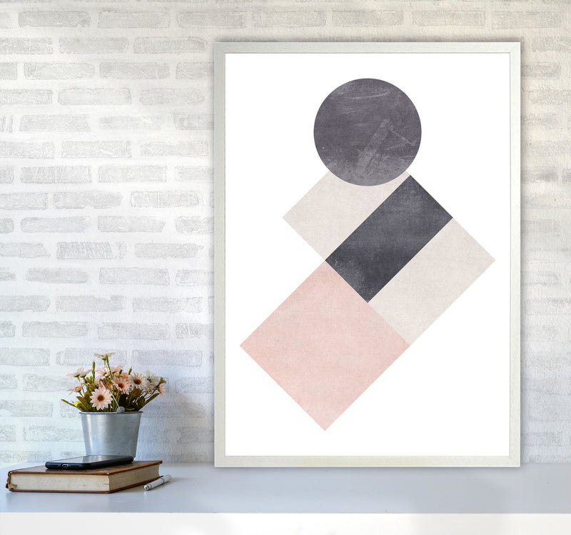 Cotton, Pink And Grey Abstract Squares And Circle Modern Print A1 Oak Frame