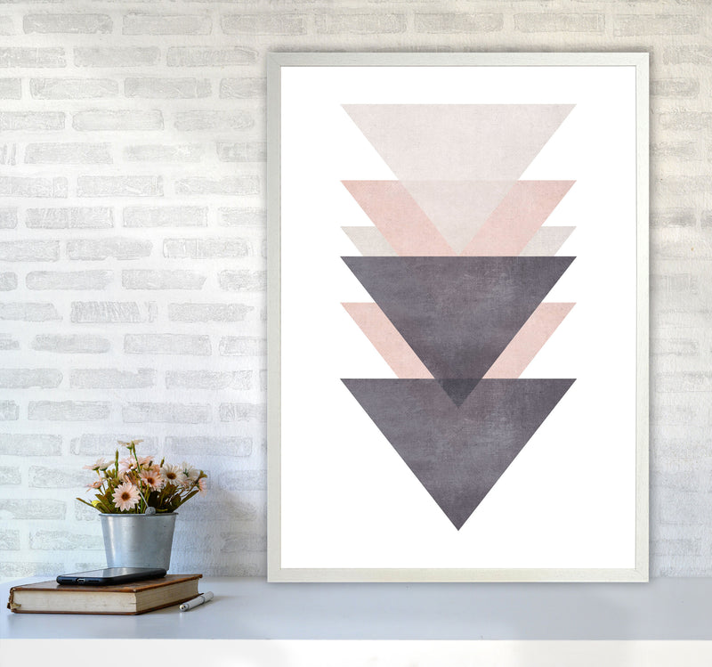 Cotton, Pink And Grey Abstract Triangles Modern Print A1 Oak Frame
