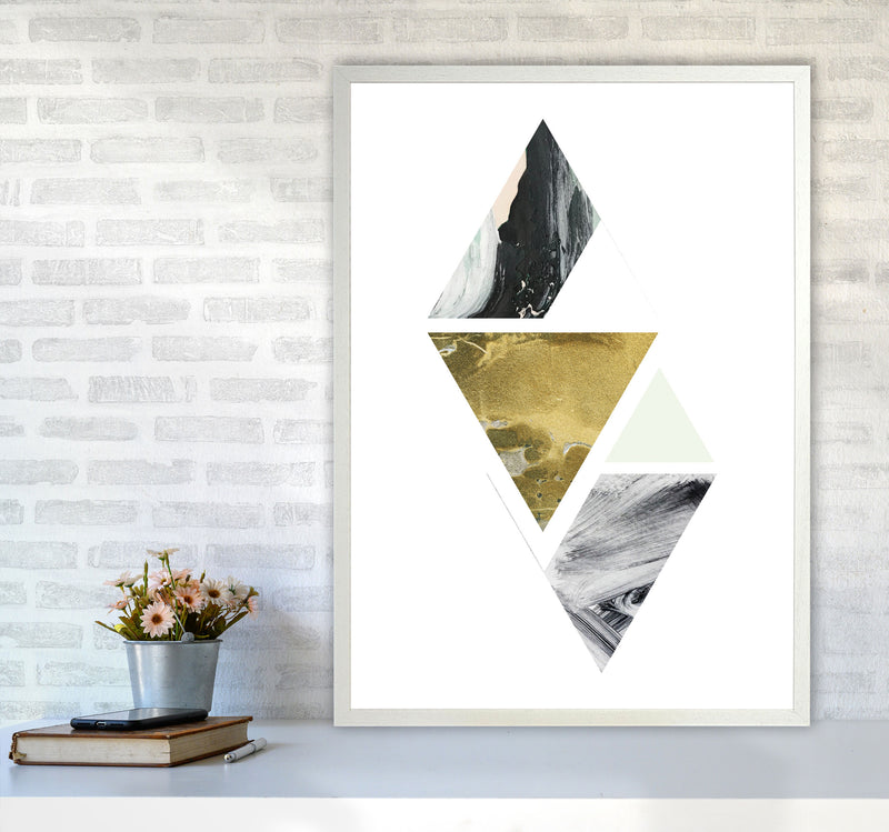 Textured Peach, Green And Grey Abstract Triangles Modern Print A1 Oak Frame