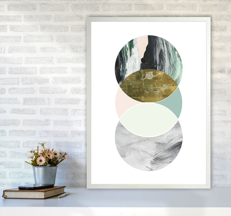 Textured Peach, Green And Grey Abstract Circles Modern Print A1 Oak Frame
