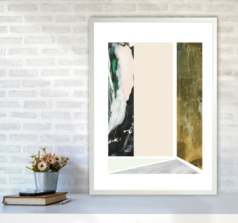 Textured Peach, Green And Grey Abstract Rectangle Shapes Modern Print A1 Oak Frame