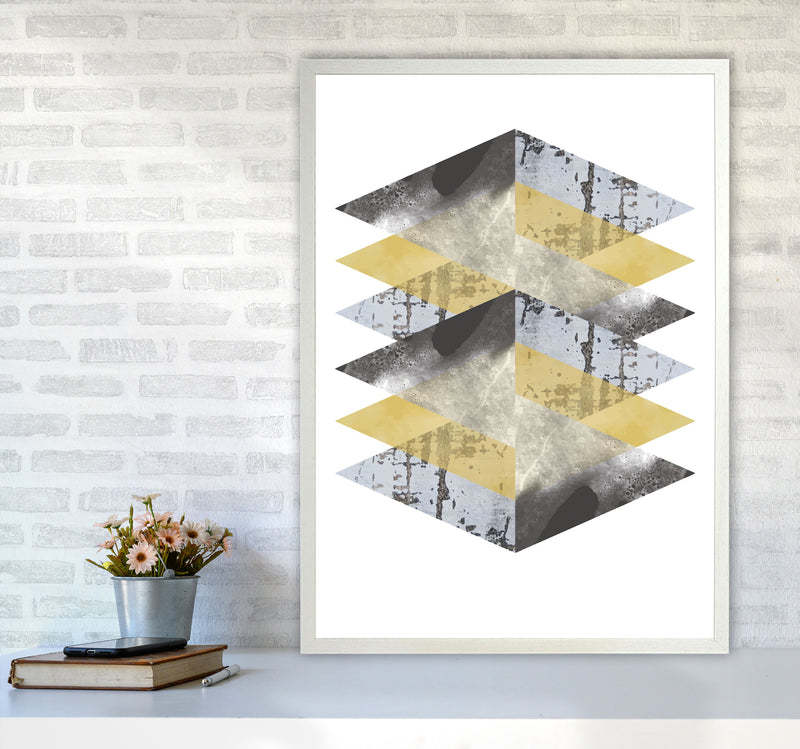 Scuff, Yellow And Grey Abstract Triangles Modern Print A1 Oak Frame