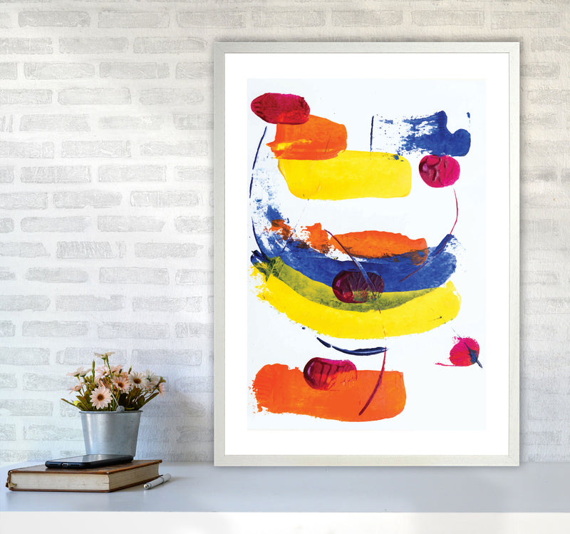 Bright Yellow, Blue and Red Abstract Paint Strokes Modern Print A1 Oak Frame