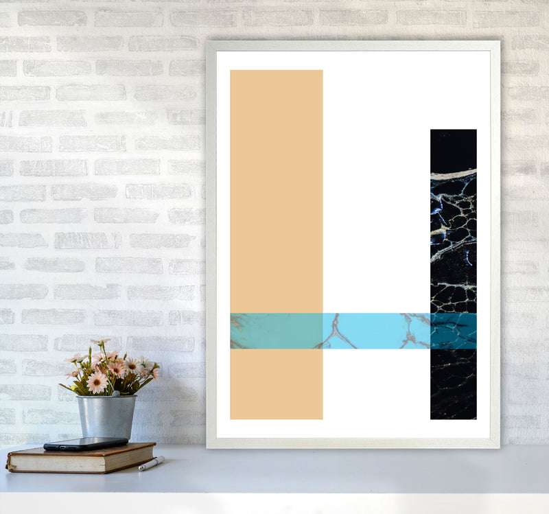 Blue Sand Abstract Rectangles Modern Print A1 Oak Frame