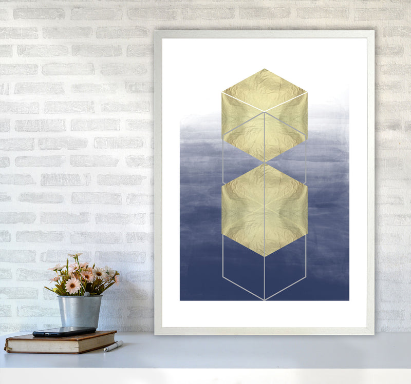 Navy And Gold Abstract Hexagons Modern Print A1 Oak Frame
