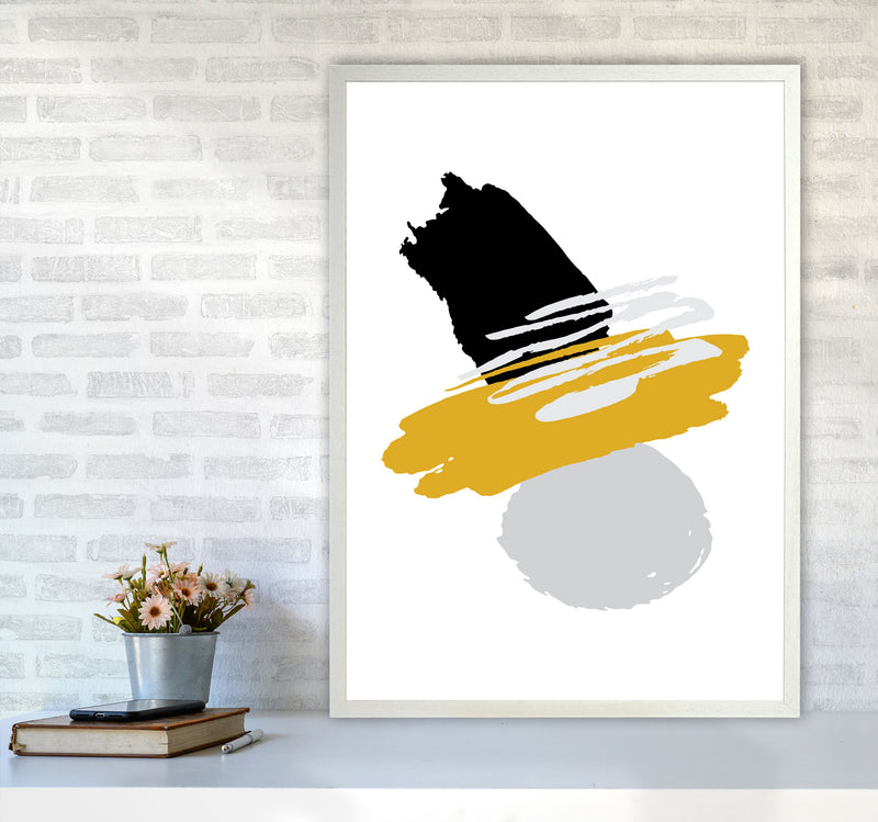 Mustard And Black Abstract Paint Shapes Modern Print A1 Oak Frame