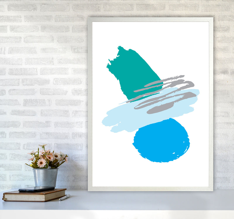 Blue And Teal Abstract Paint Shapes Modern Print A1 Oak Frame