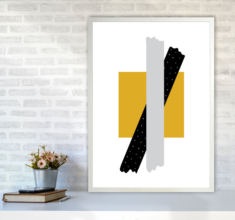 Yellow Square With Grey And Black Bow Abstract Modern Print A1 Oak Frame
