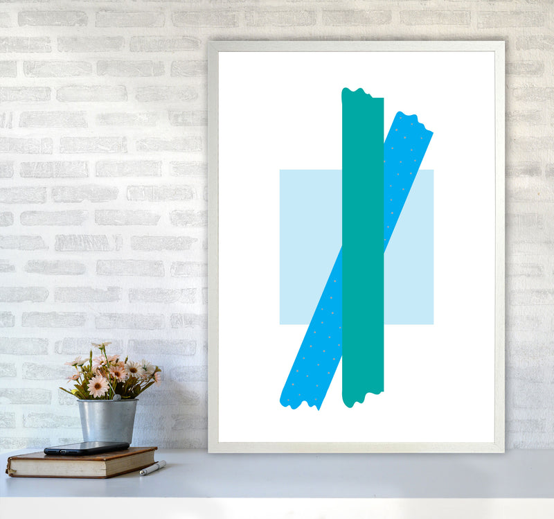Blue Square With Blue And Teal Bow Abstract Modern Print A1 Oak Frame