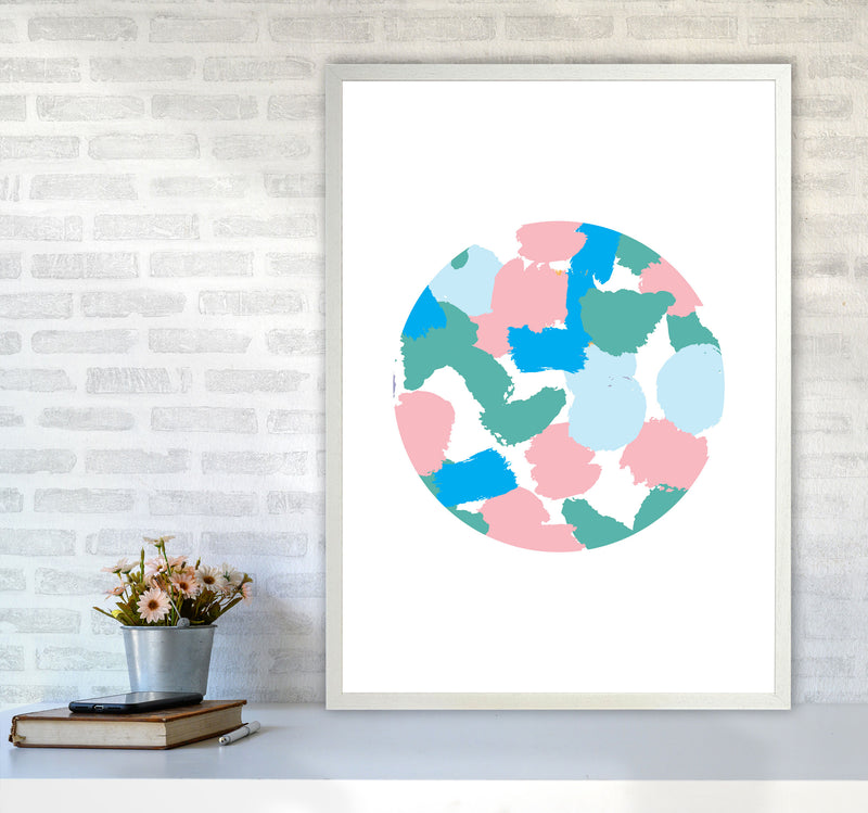 Pink And Green Paint Splodge Circle Abstract Modern Print A1 Oak Frame