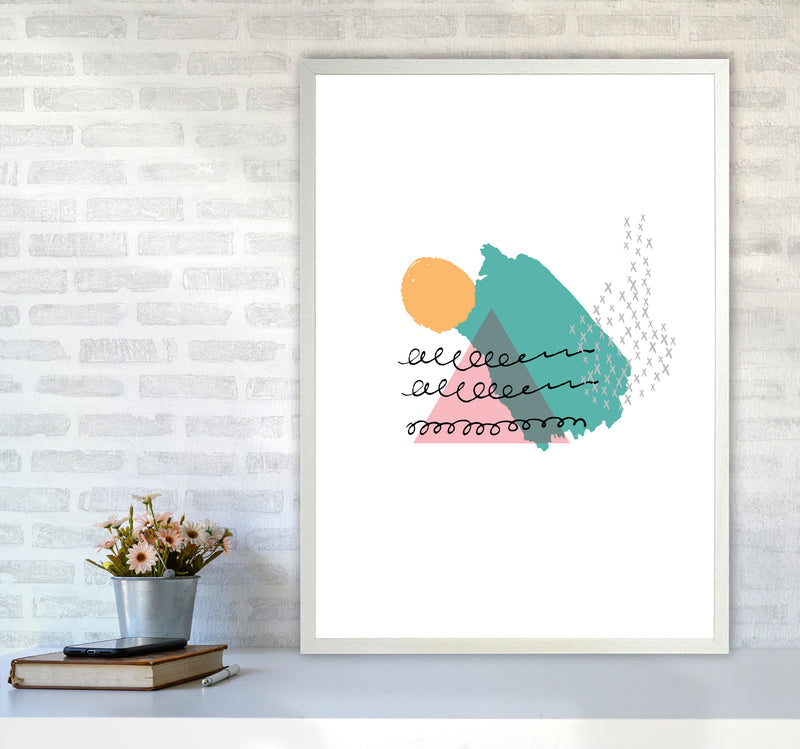 Pink And Teal Mountain Sun Abstract Modern Print A1 Oak Frame