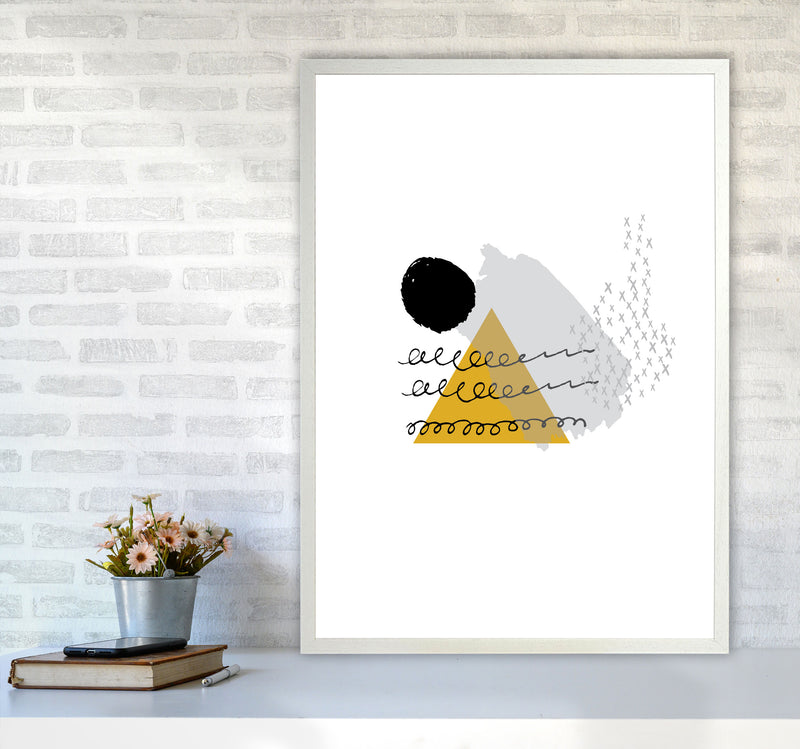 Mustard And Black Mountain Sun Abstract Modern Print A1 Oak Frame