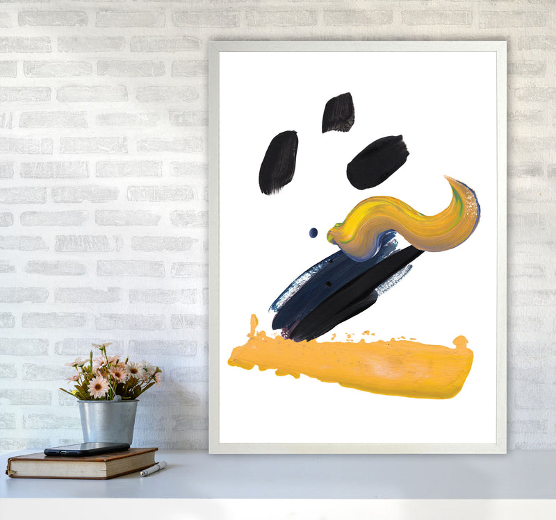 Mustard And Black Abstract Paint Strokes Modern Print A1 Oak Frame