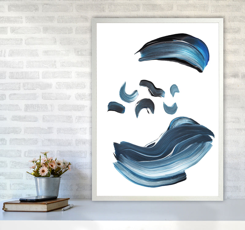 Dark Blue And Grey Abstract Paint Strokes Modern Print A1 Oak Frame