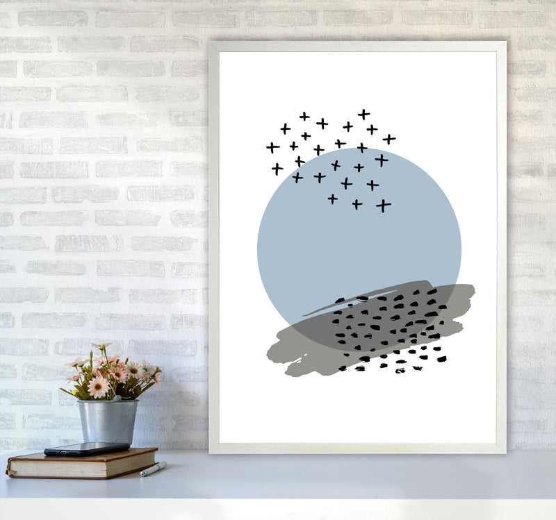 Blue Abstract Circle With Black Dashes Modern Print A1 Oak Frame