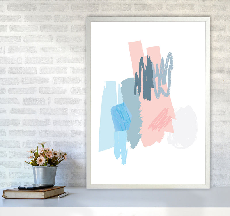 Blue And Pink Abstract Scribbles Modern Print A1 Oak Frame