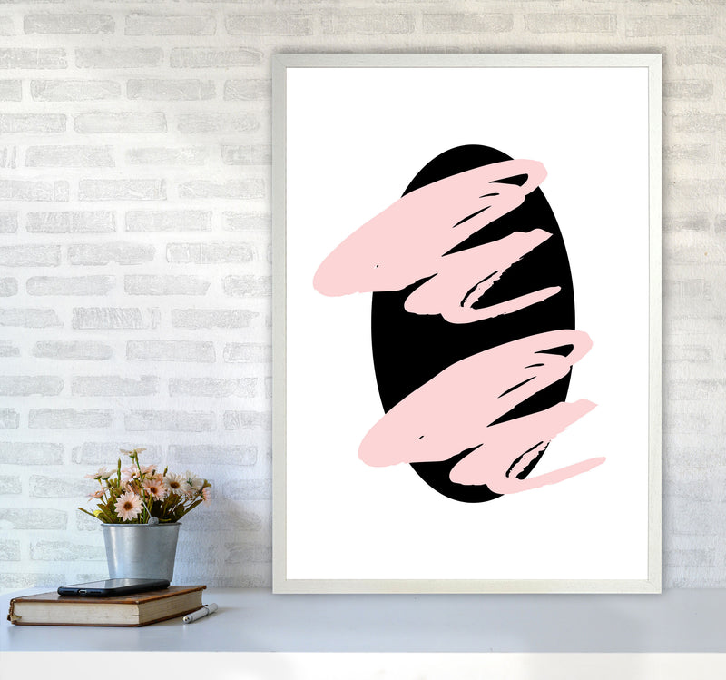 Abstract Black Oval With Pink Strokes Modern Art Print A1 Oak Frame