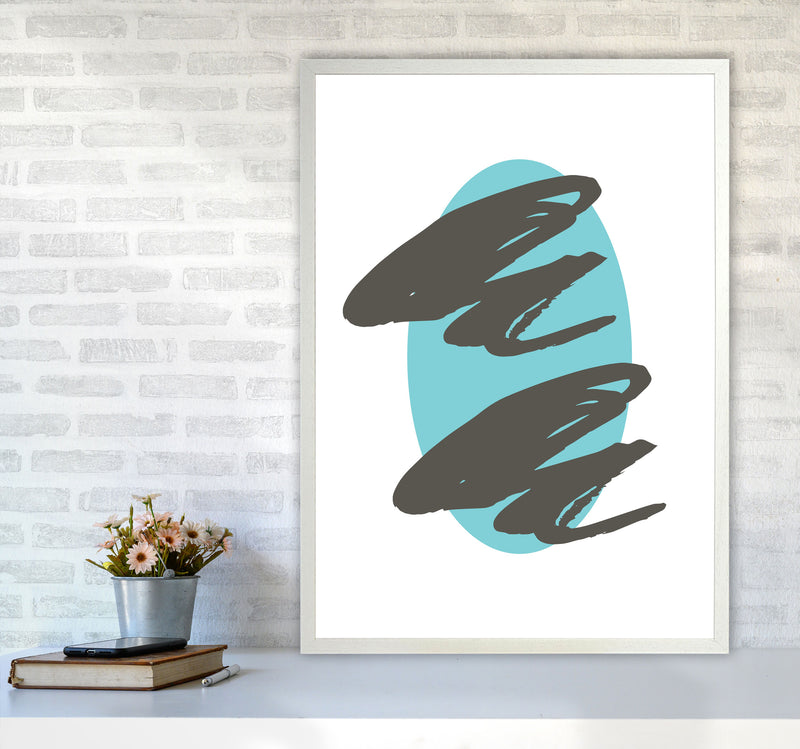 Abstract Teal Oval With Brown Strokes Modern Print A1 Oak Frame