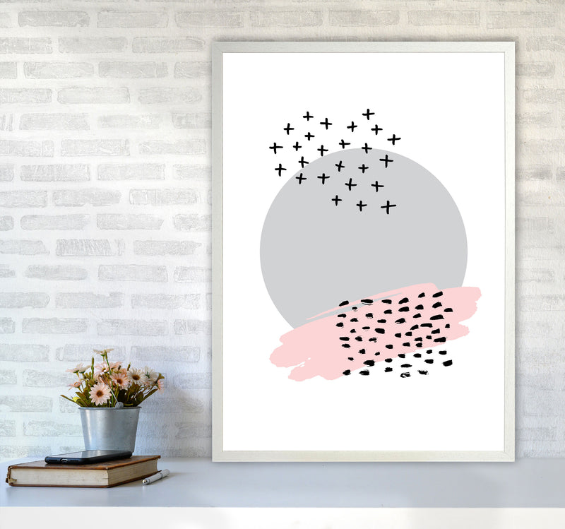 Abstract Grey Circle With Pink And Black Dashes Modern Print A1 Oak Frame