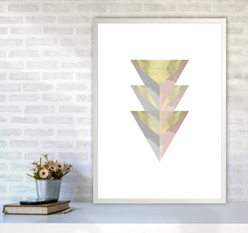 Gold, Pink And Grey Abstract Triangles Modern Print A1 Oak Frame