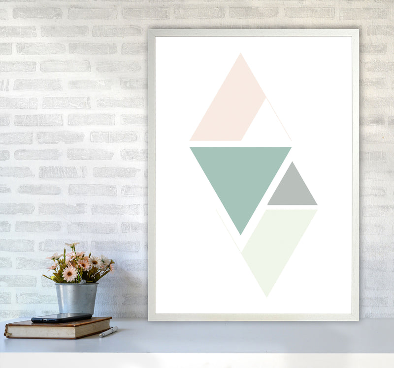 Peach, Green And Grey Abstract Triangles Modern Print A1 Oak Frame