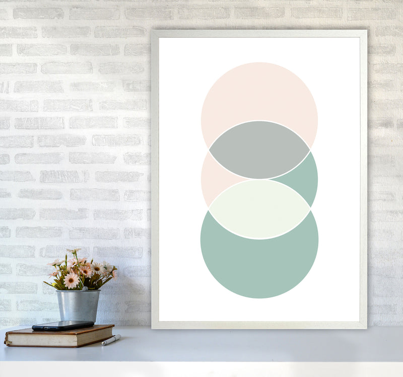 Peach, Green And Grey Abstract Circles Modern Print A1 Oak Frame