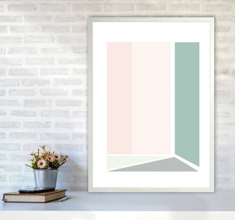 Peach, Green And Grey Abstract Rectangle Modern Print A1 Oak Frame