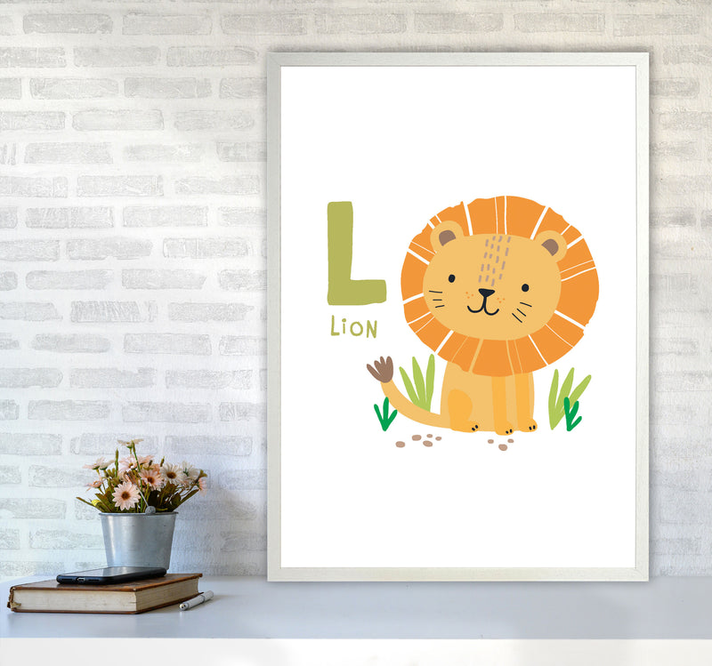 Alphabet Animals, L Is For Lion Framed Nursey Wall Art Print A1 Oak Frame