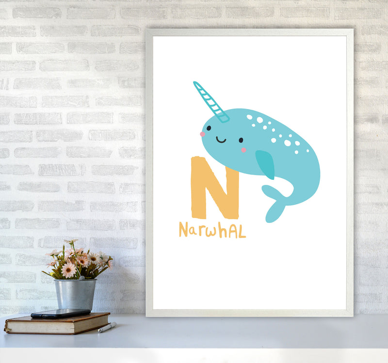 Alphabet Animals, N Is For Narwhal Framed Nursey Wall Art Print A1 Oak Frame