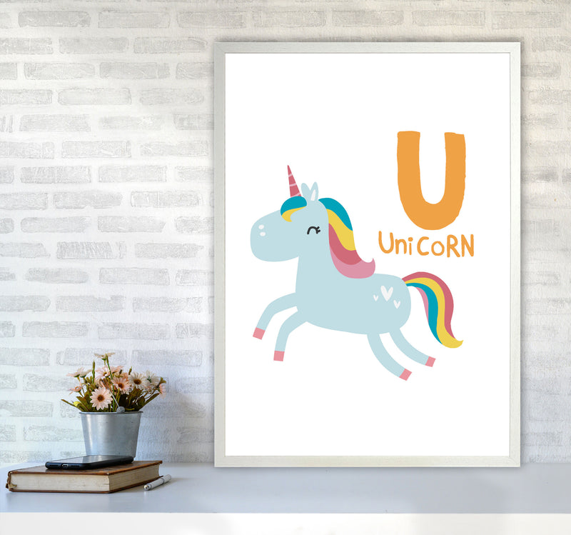 Alphabet Animals, U Is For Unicorn Framed Nursey Wall Art Print A1 Oak Frame