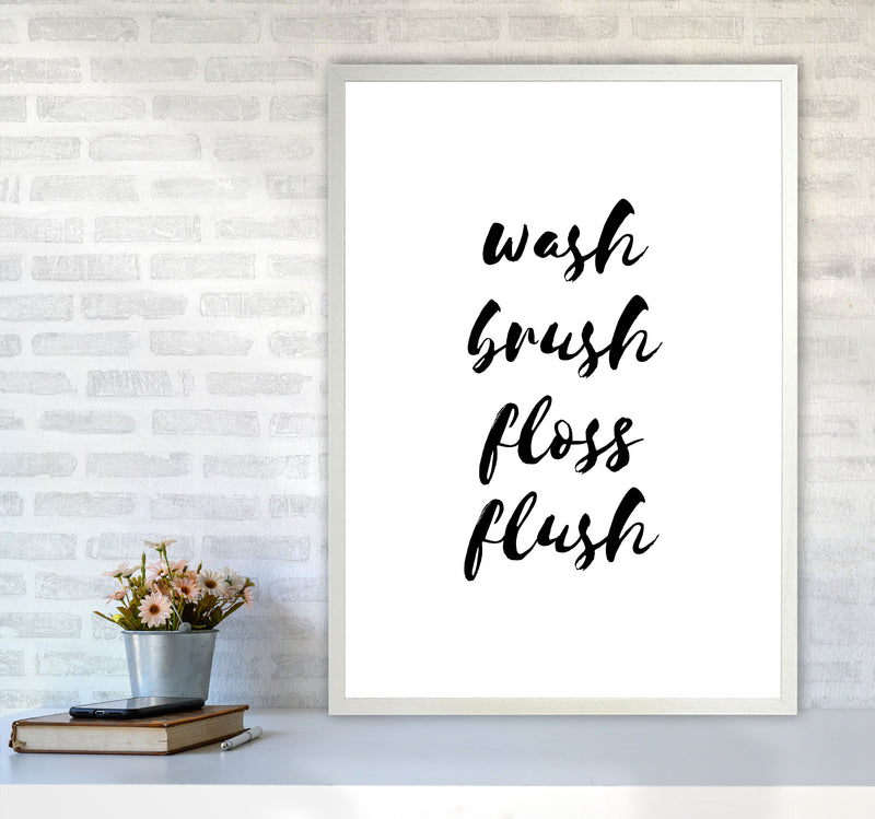 Wash Brush Floss Flush, Bathroom Modern Print, Framed Bathroom Wall Art A1 Oak Frame