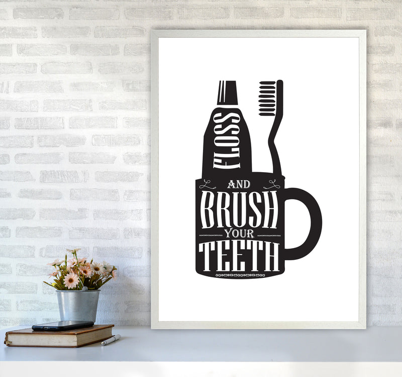 Brush Your Teeth, Bathroom Modern Print, Framed Bathroom Wall Art A1 Oak Frame