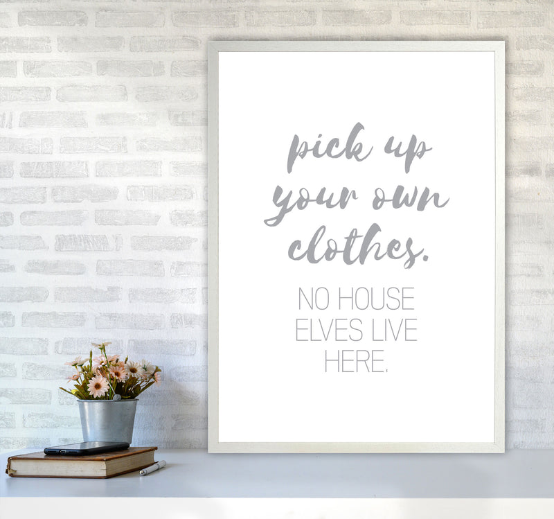 House Elves Grey, Bathroom Framed Typography Wall Art Print A1 Oak Frame