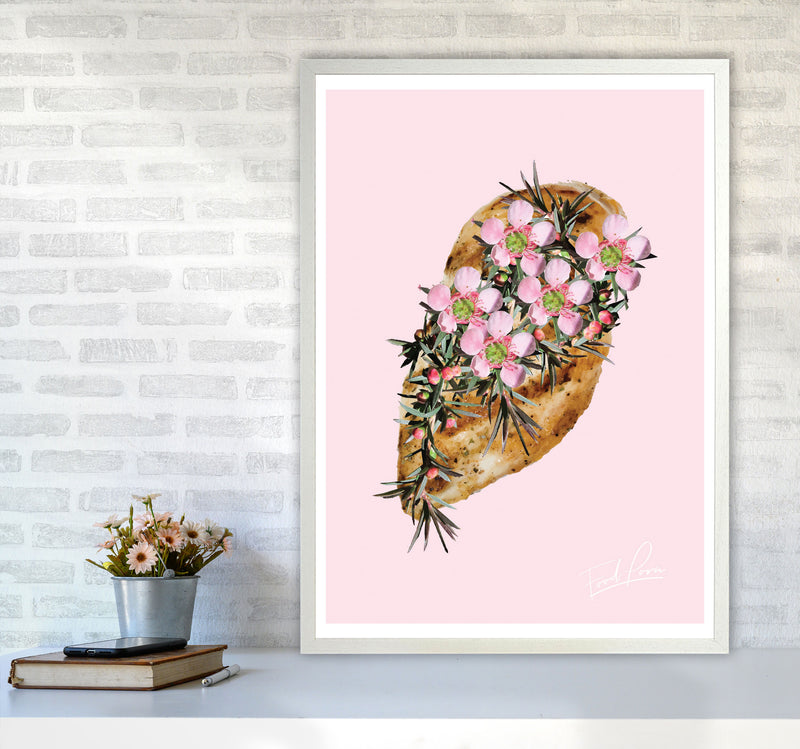 Pink Chicken Floral Food Print, Framed Kitchen Wall Art A1 Oak Frame