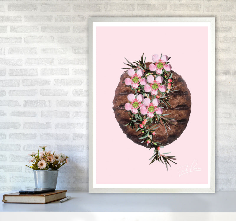 Pink Burger Floral Food Print, Framed Kitchen Wall Art A1 Oak Frame