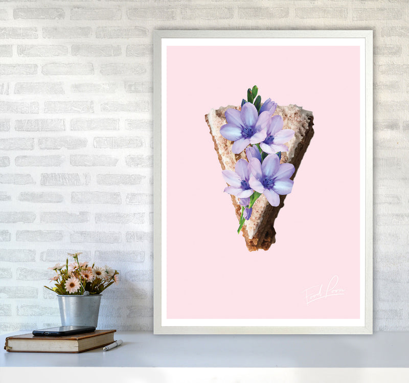 Pink Coffee Cake Floral Food Print, Framed Kitchen Wall Art A1 Oak Frame