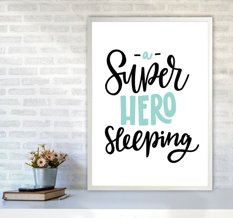 Superhero Sleeping Mint And Black Framed Nursey Wall Art Print A1 Oak Frame