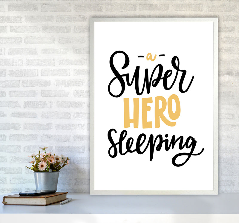 Superhero Sleeping Mustard And Black Framed Nursey Wall Art Print A1 Oak Frame