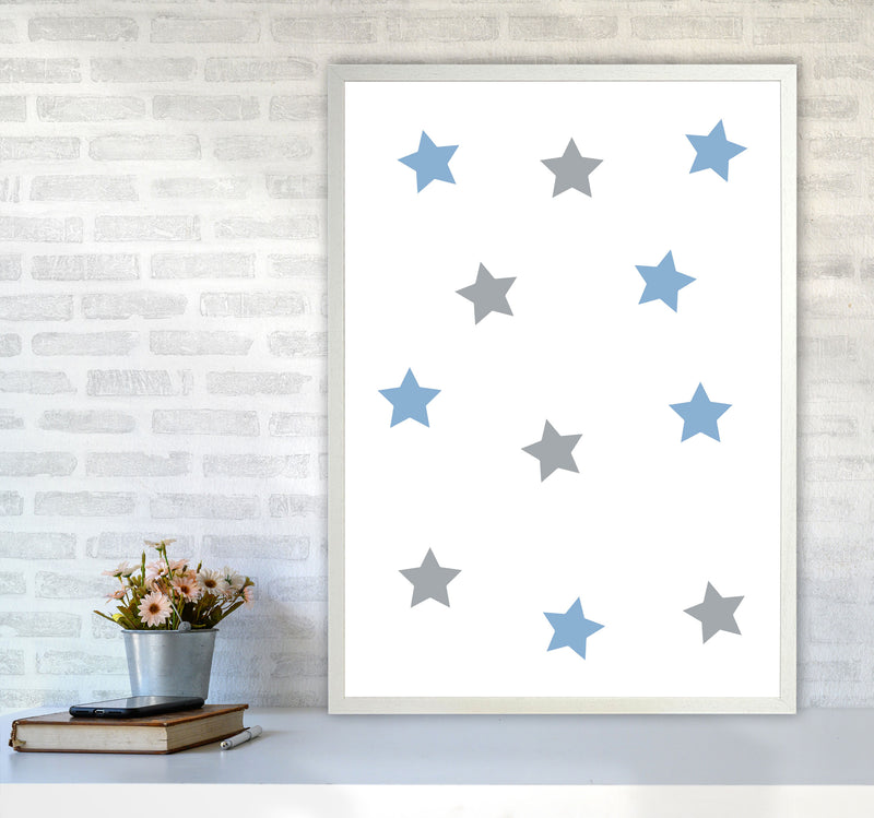 Blue And Grey Stars Framed Nursey Wall Art Print A1 Oak Frame