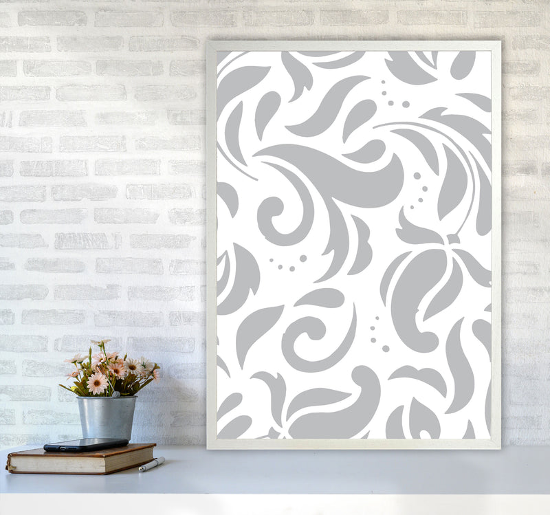 Grey Floral Pattern Modern Print A1 Oak Frame