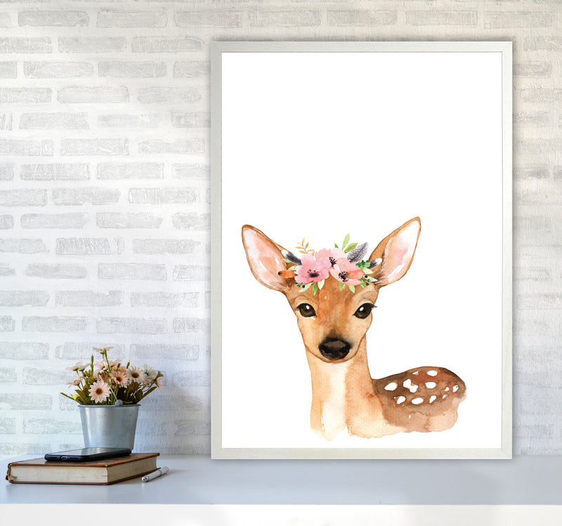Forest Friends, Floral Cute Deer Modern Print Animal Art Print A1 Oak Frame