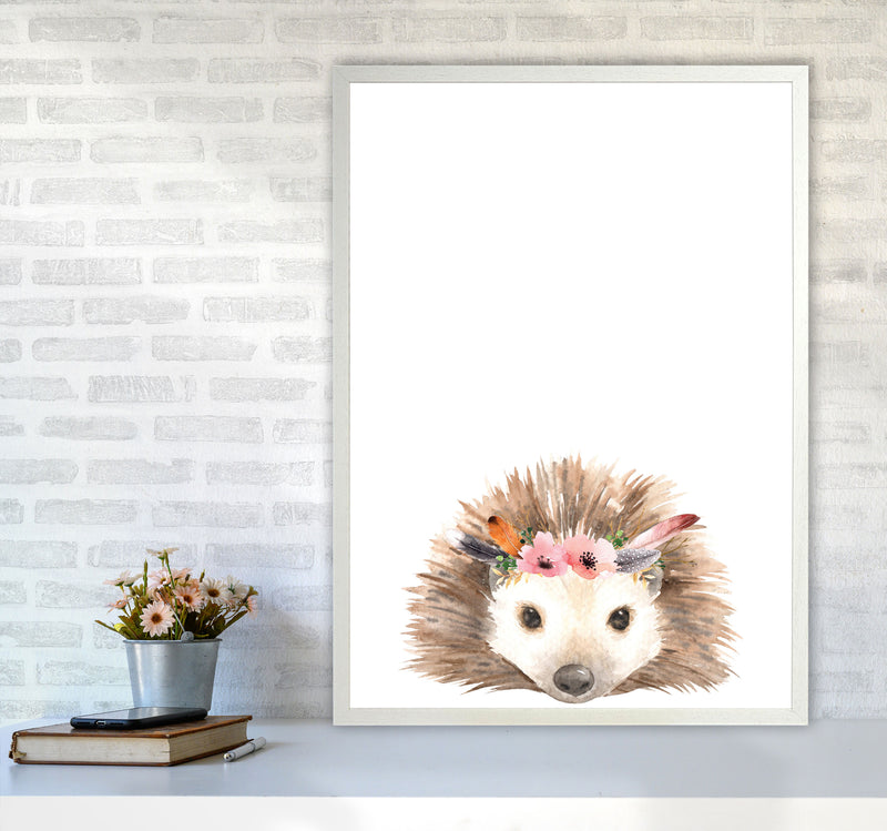 Forest Friends, Floral Cute Hedgehog Modern Print Animal Art Print A1 Oak Frame